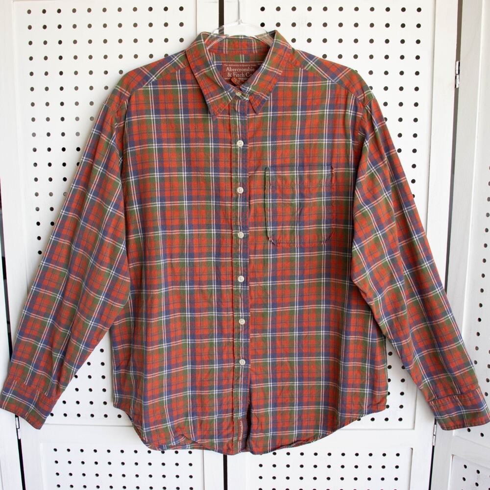 Vintage Abercrombie & Fitch Womens SIZE L Red Plaid Cotton Button Up Shirt